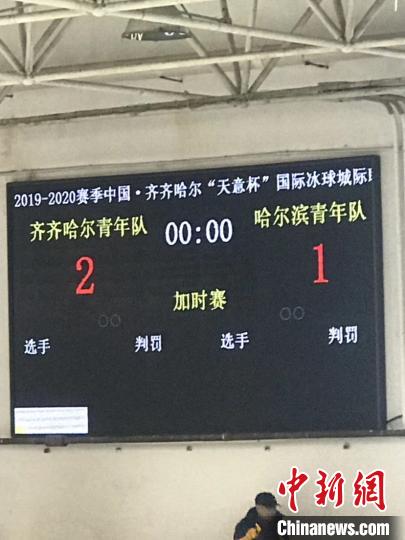 图为2019-2020中国·齐齐哈尔“天意杯”城际冰球联赛决赛比分。(王宇佳摄)